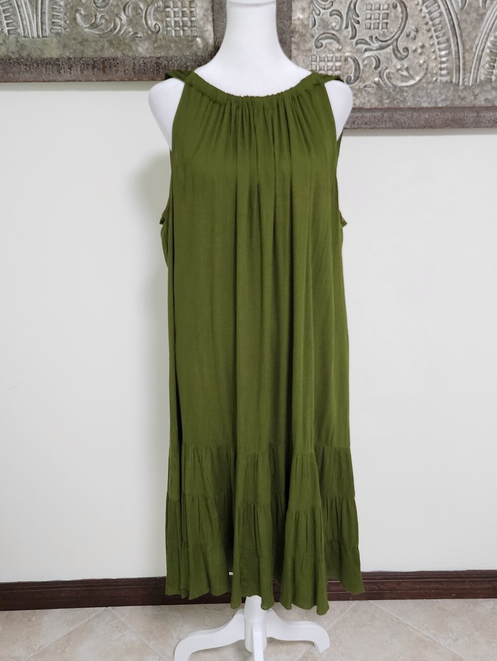 Lane Bryant Olive Green Sleeveless Gauzy Tiered Midi Dress Plus Size Sz 18/20